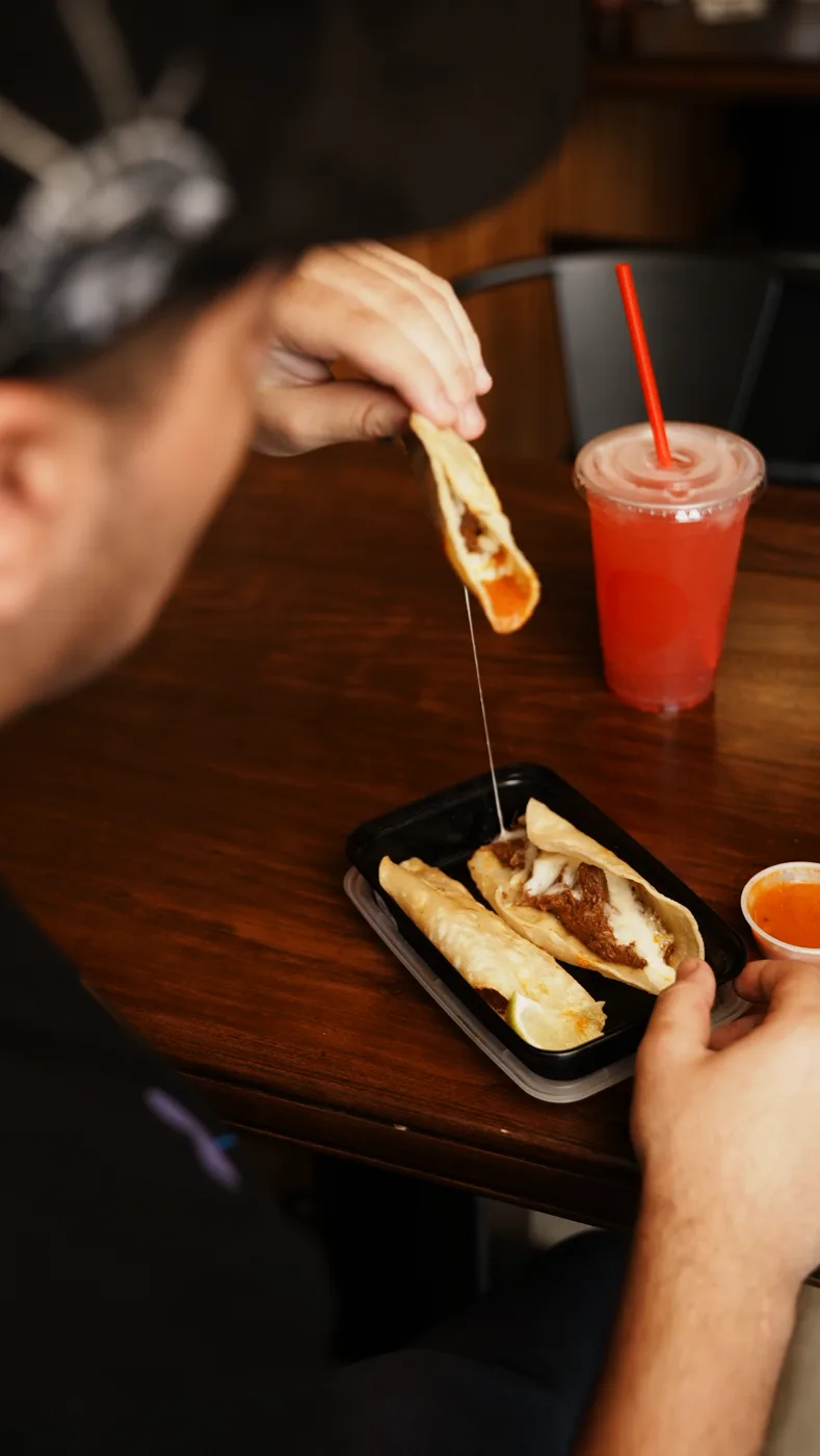 A customer enjoying food from a rectangular meal container with a drink at Fork to Fit